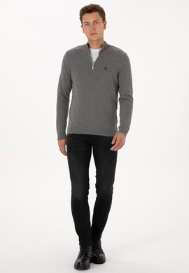 Erkek Slim Fit Yarım Fermuarlı Gri Melanj Basic Kazak - 50313695101