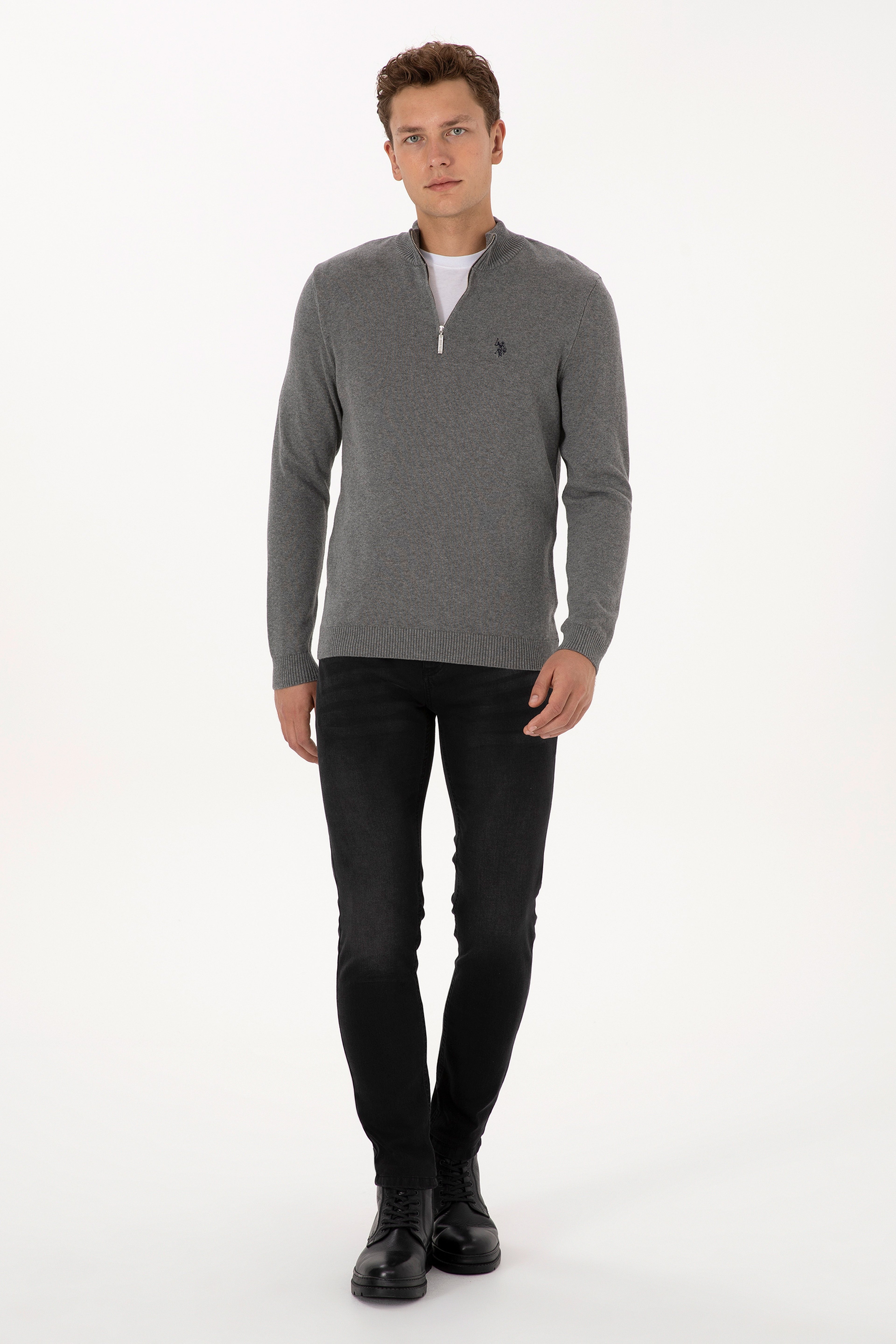 Erkek Slim Fit Yarım Fermuarlı Gri Melanj Basic Kazak - Image 4