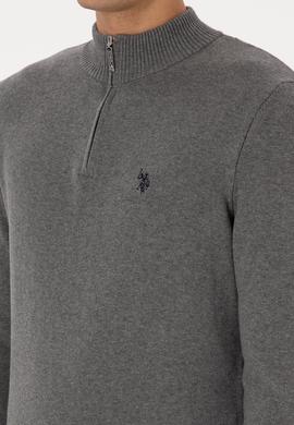 Erkek Slim Fit Yarım Fermuarlı Gri Melanj Basic Kazak - 50313695101