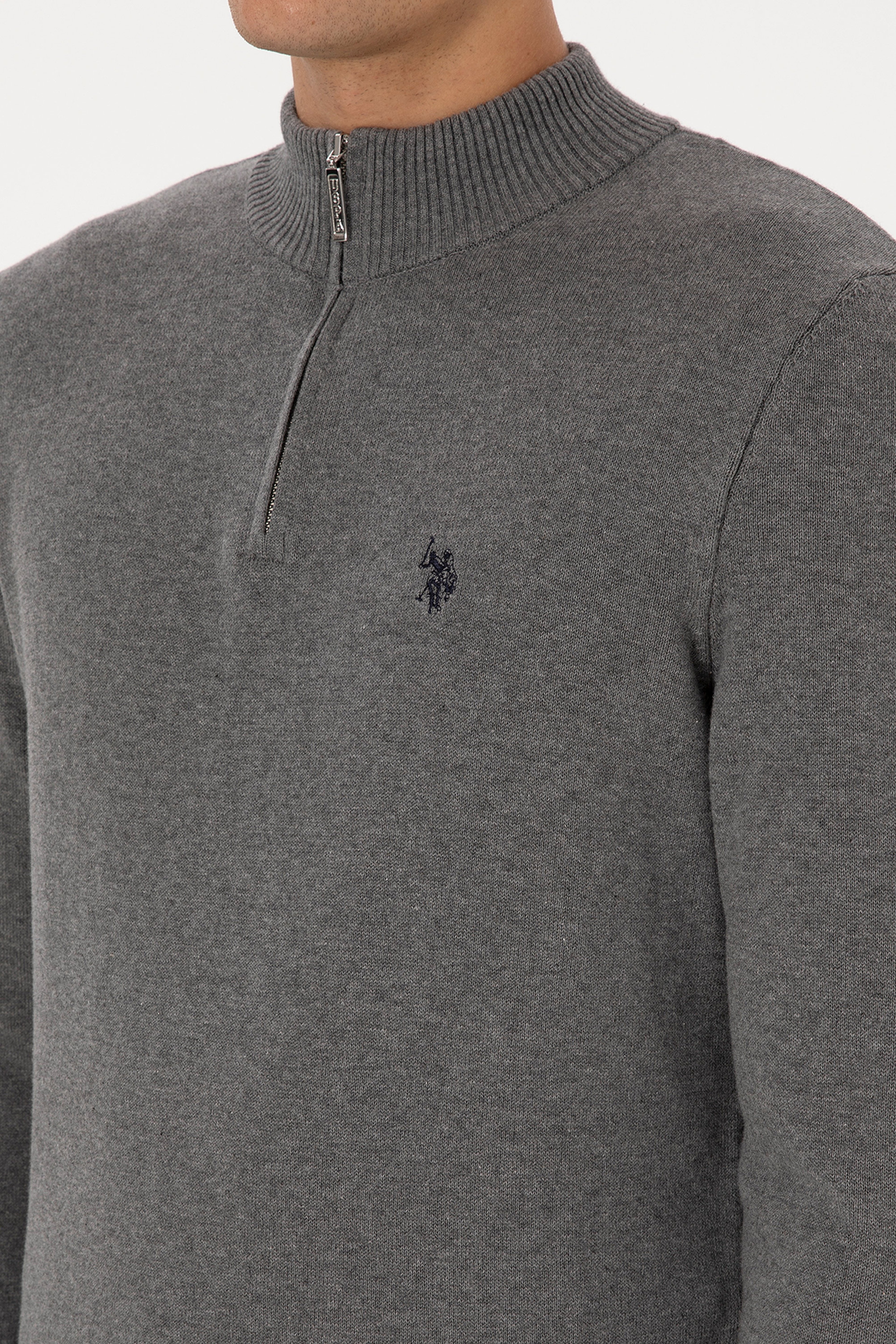 Erkek Slim Fit Yarım Fermuarlı Gri Melanj Basic Kazak