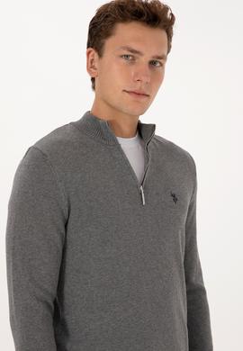 Erkek Slim Fit Yarım Fermuarlı Gri Melanj Basic Kazak - 50313695101