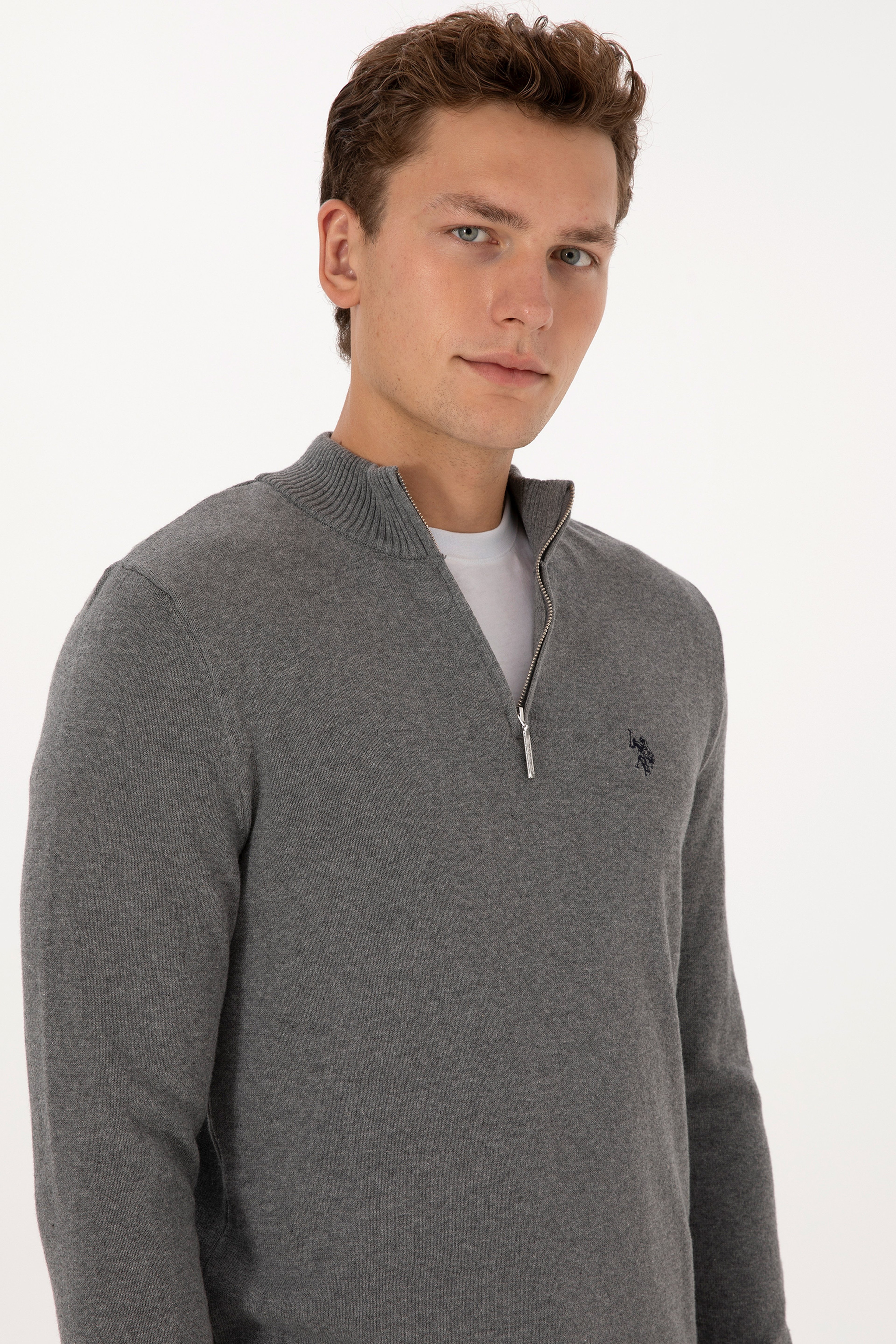 Erkek Slim Fit Yarım Fermuarlı Gri Melanj Basic Kazak