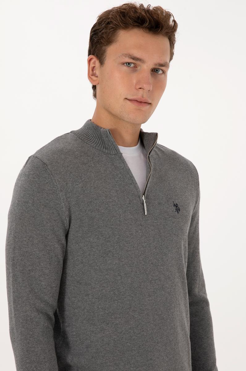 Erkek Slim Fit Yarım Fermuarlı Gri Melanj Basic Kazak