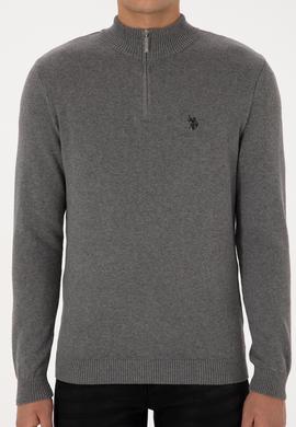 Erkek Slim Fit Yarım Fermuarlı Gri Melanj Basic Kazak - 50313695101