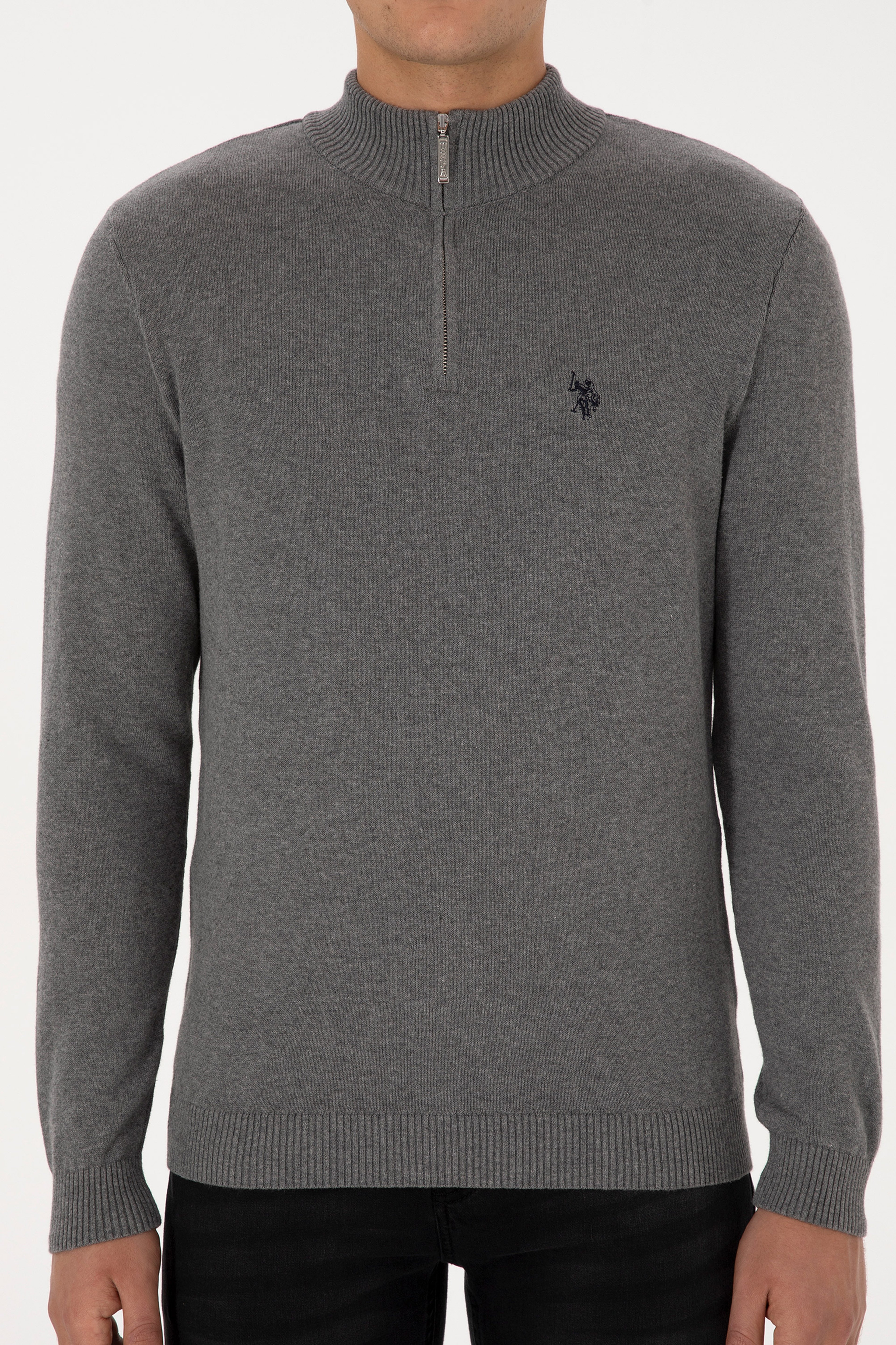 Erkek Slim Fit Yarım Fermuarlı Gri Melanj Basic Kazak