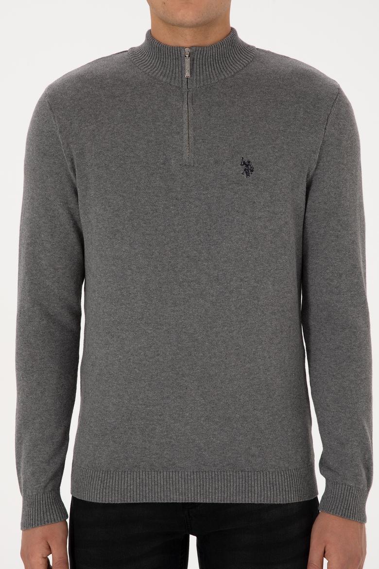 Erkek Slim Fit Yarım Fermuarlı Gri Melanj Basic Kazak - 50313695101