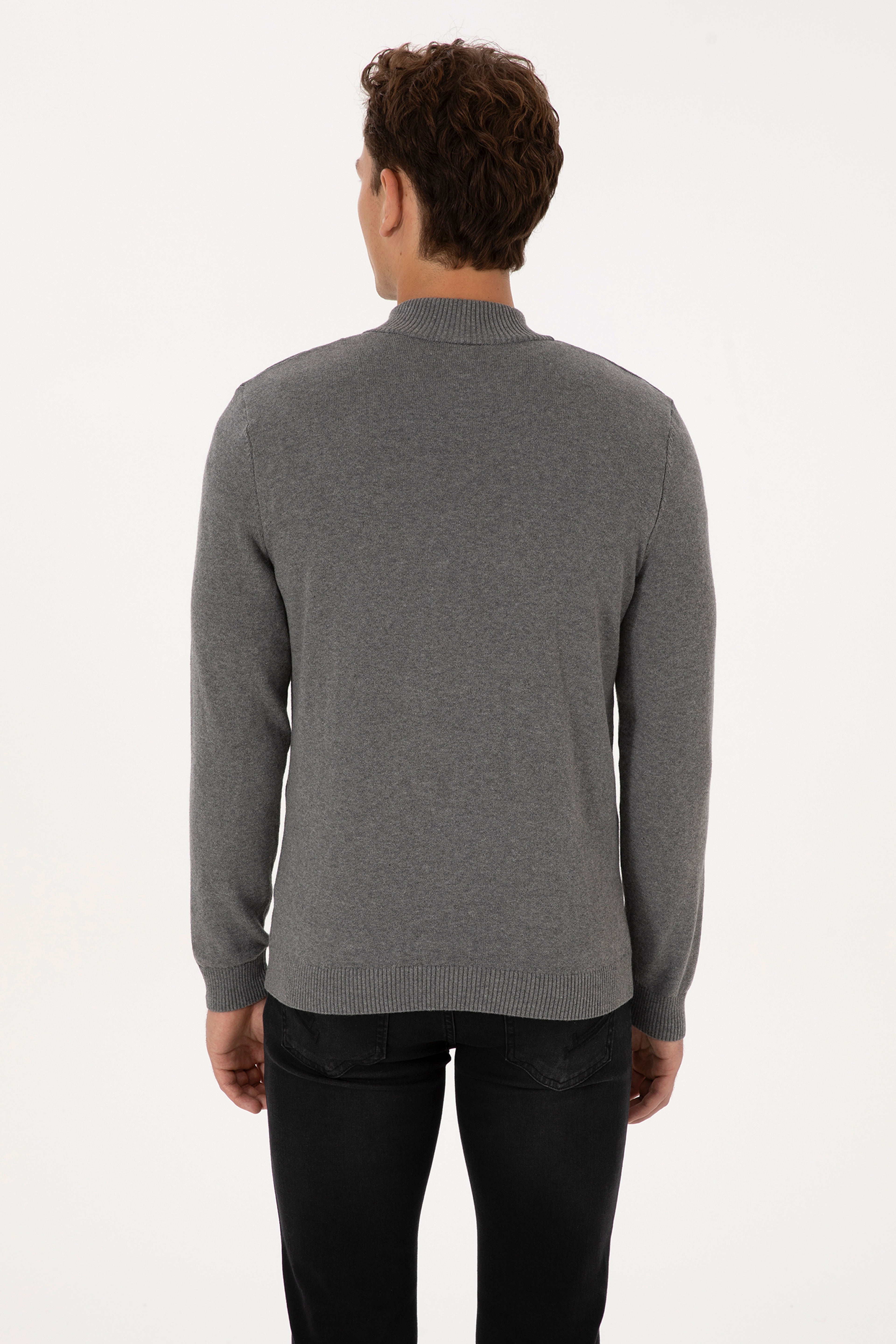 Erkek Slim Fit Yarım Fermuarlı Gri Melanj Basic Kazak