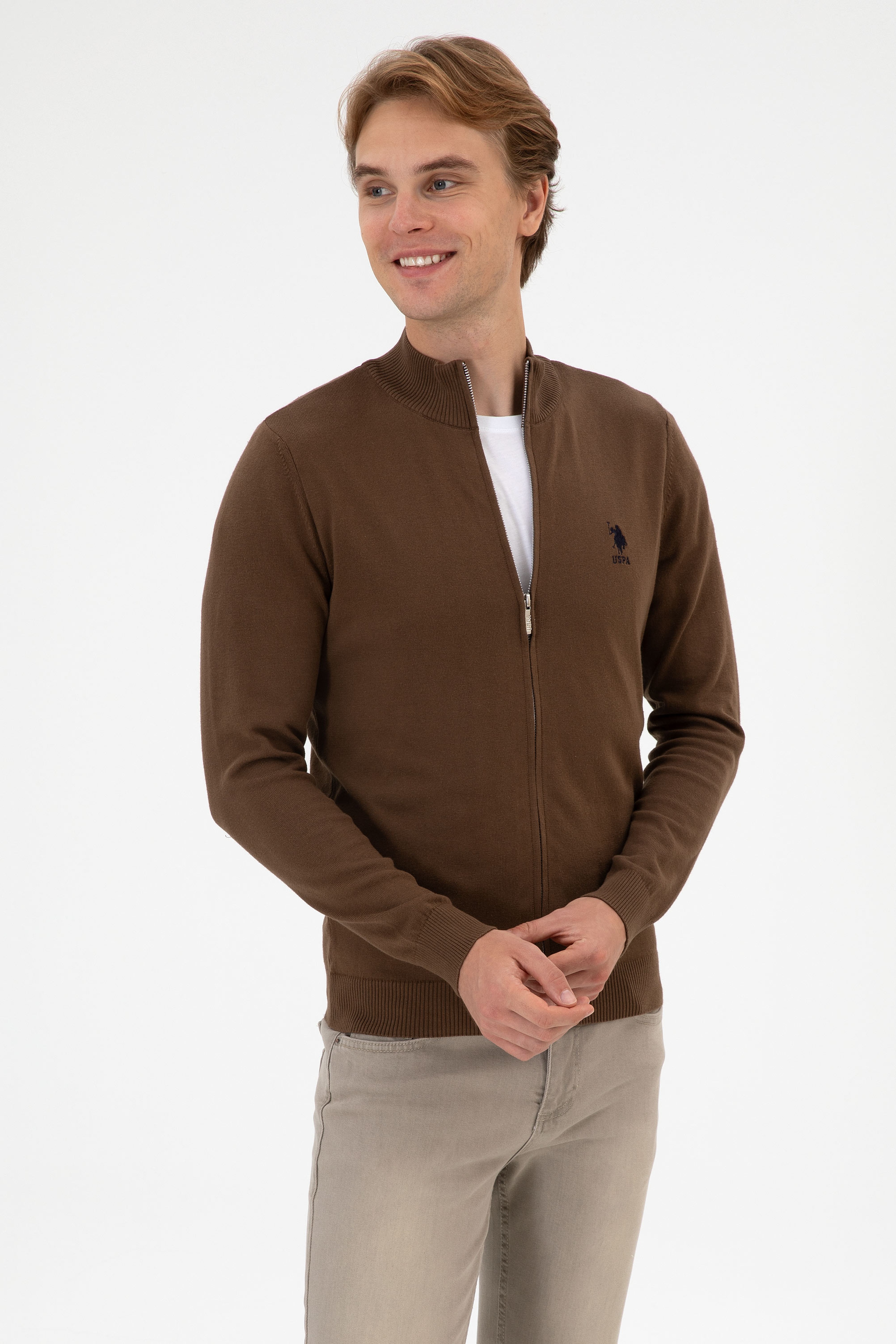 Erkek Slim Fit Kahverengi Triko Hırka - Image 3