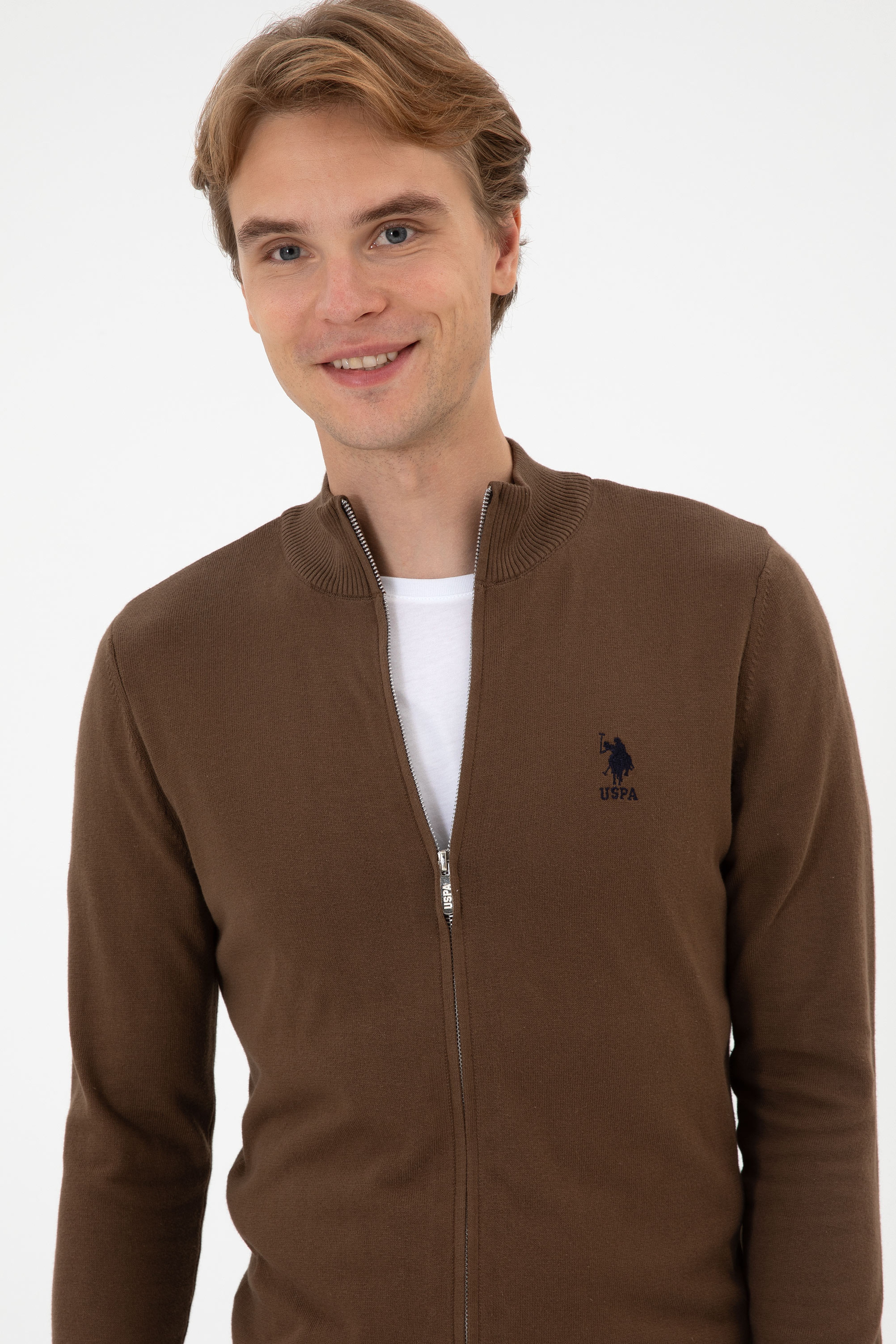Erkek Slim Fit Kahverengi Triko Hırka - Image 2