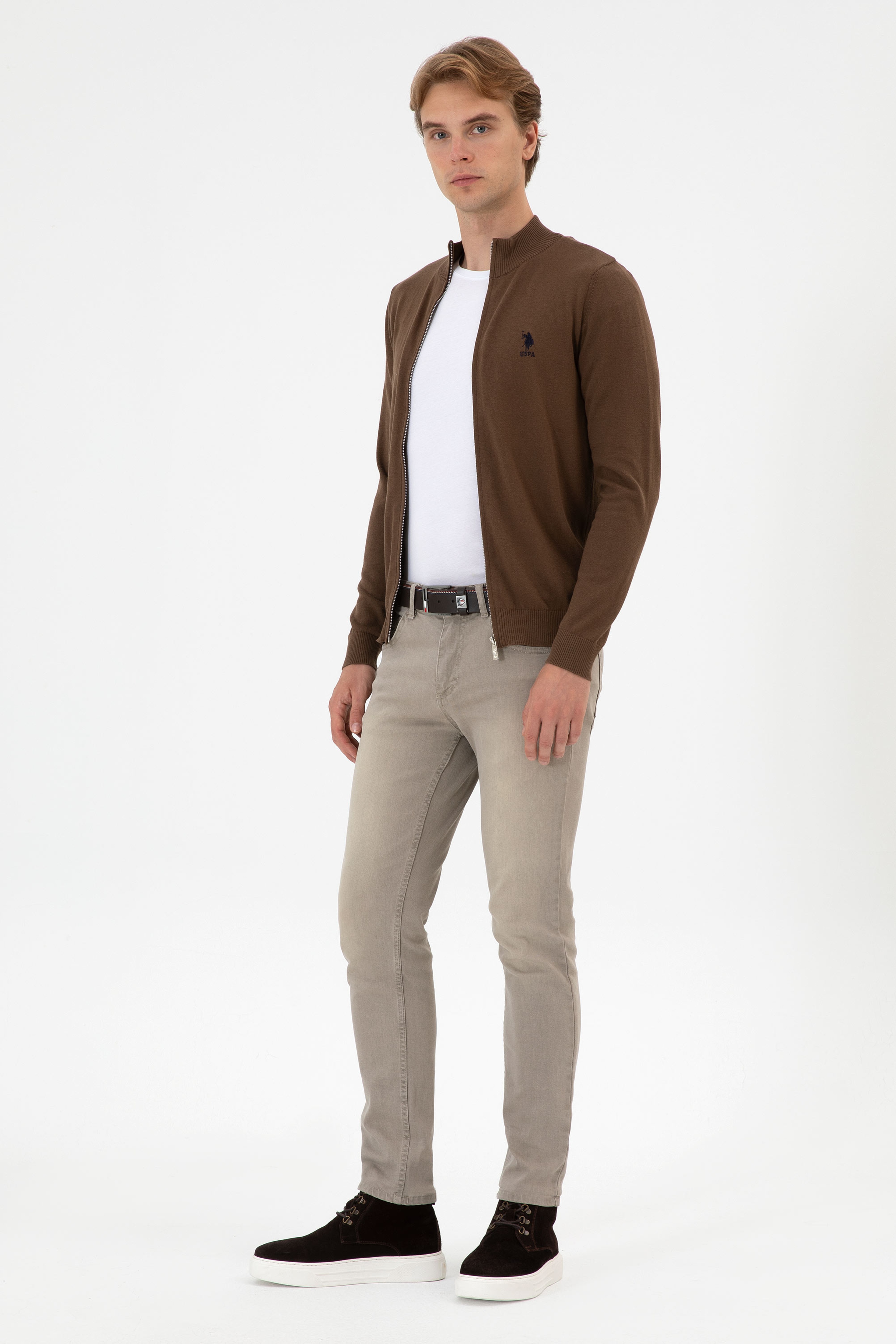 Erkek Slim Fit Kahverengi Triko Hırka