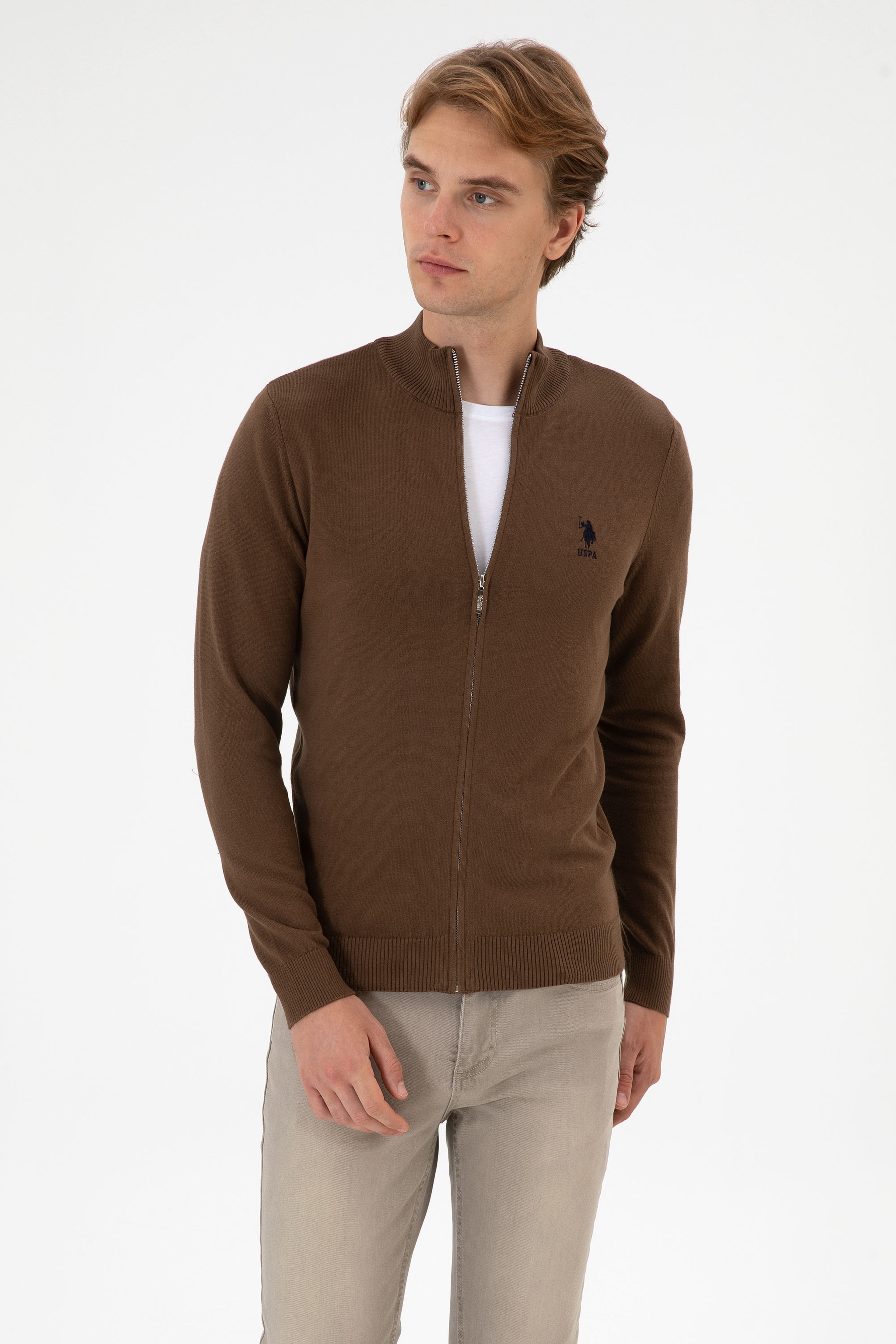 Erkek Slim Fit Kahverengi Triko Hırka - Image 1