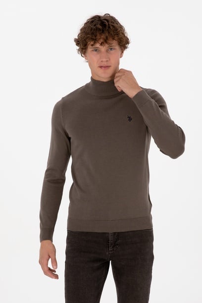 Erkek Slim Fit Boğazlı Vizon Basic Kazak