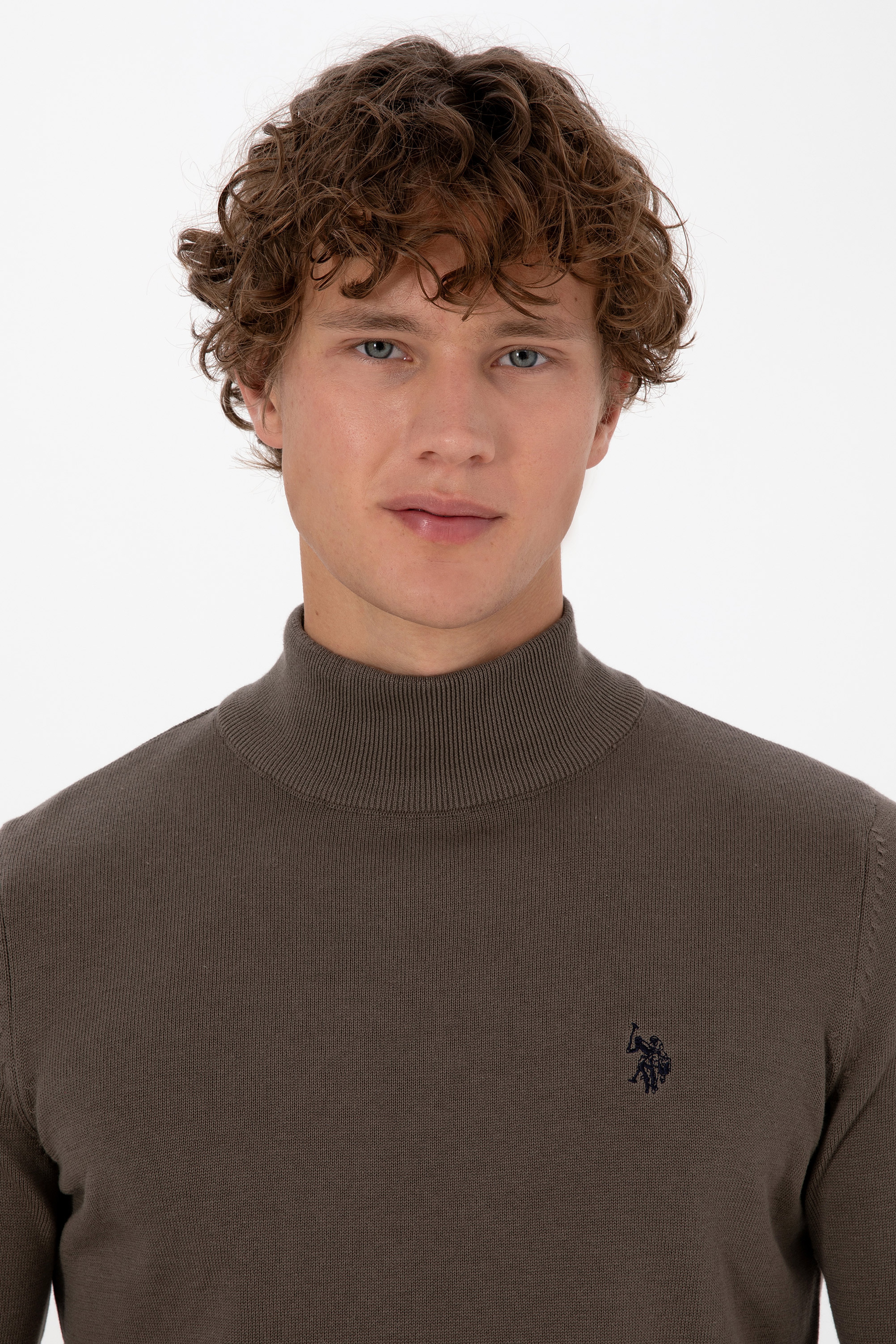 Erkek Slim Fit Boğazlı Vizon Basic Kazak