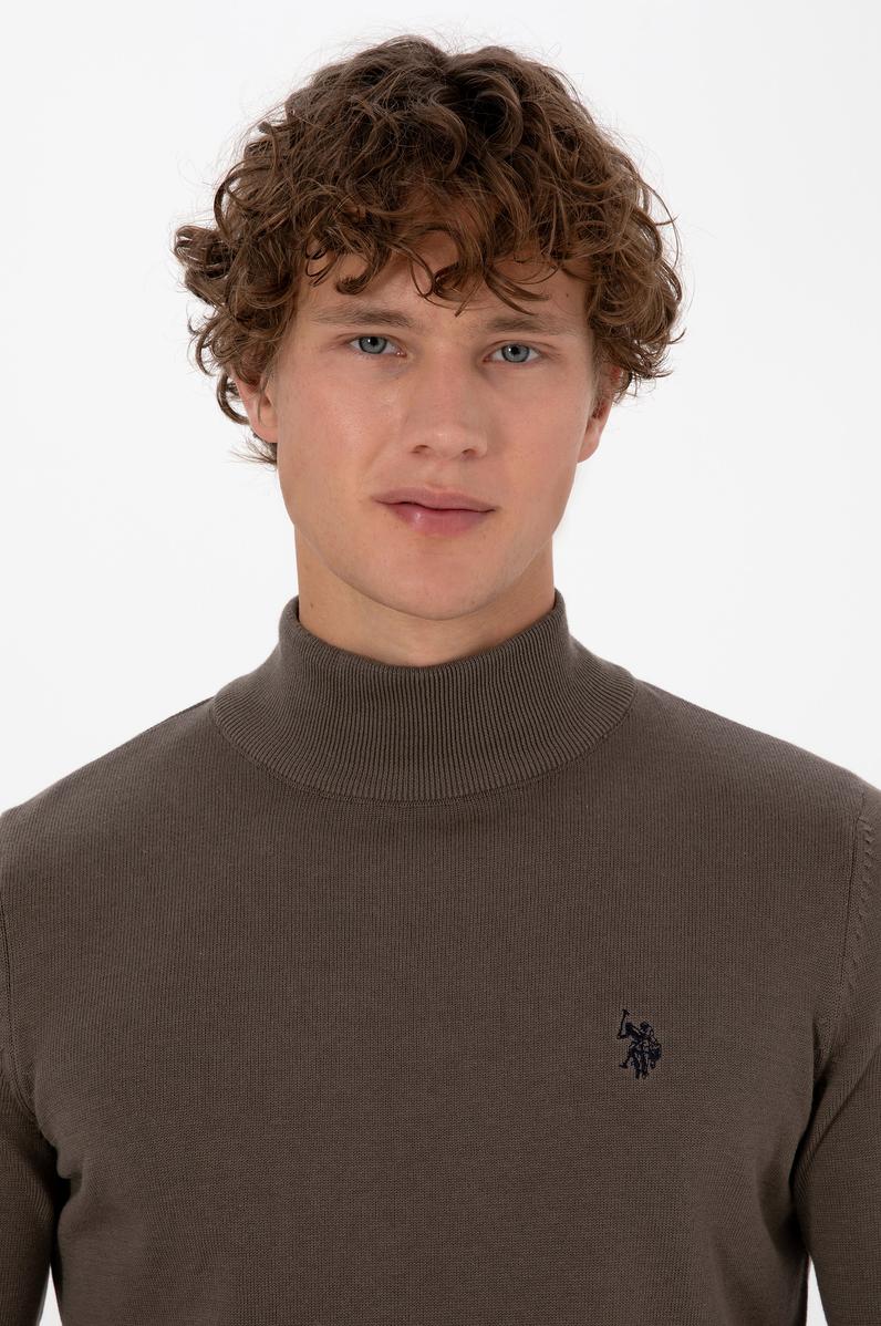 Erkek Slim Fit Boğazlı Vizon Basic Kazak