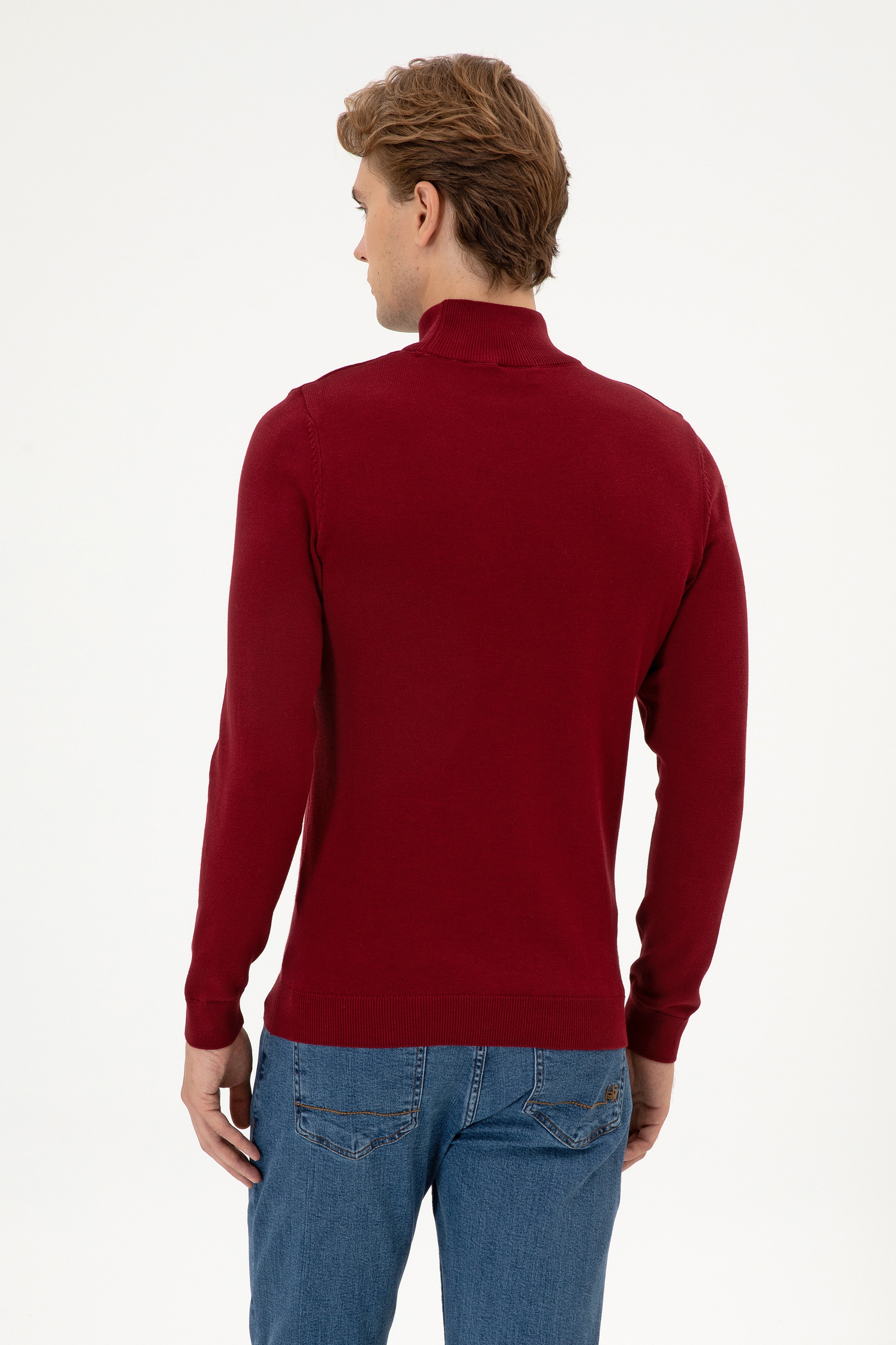 Erkek Slim Fit Boğazlı Bordo Basic Kazak