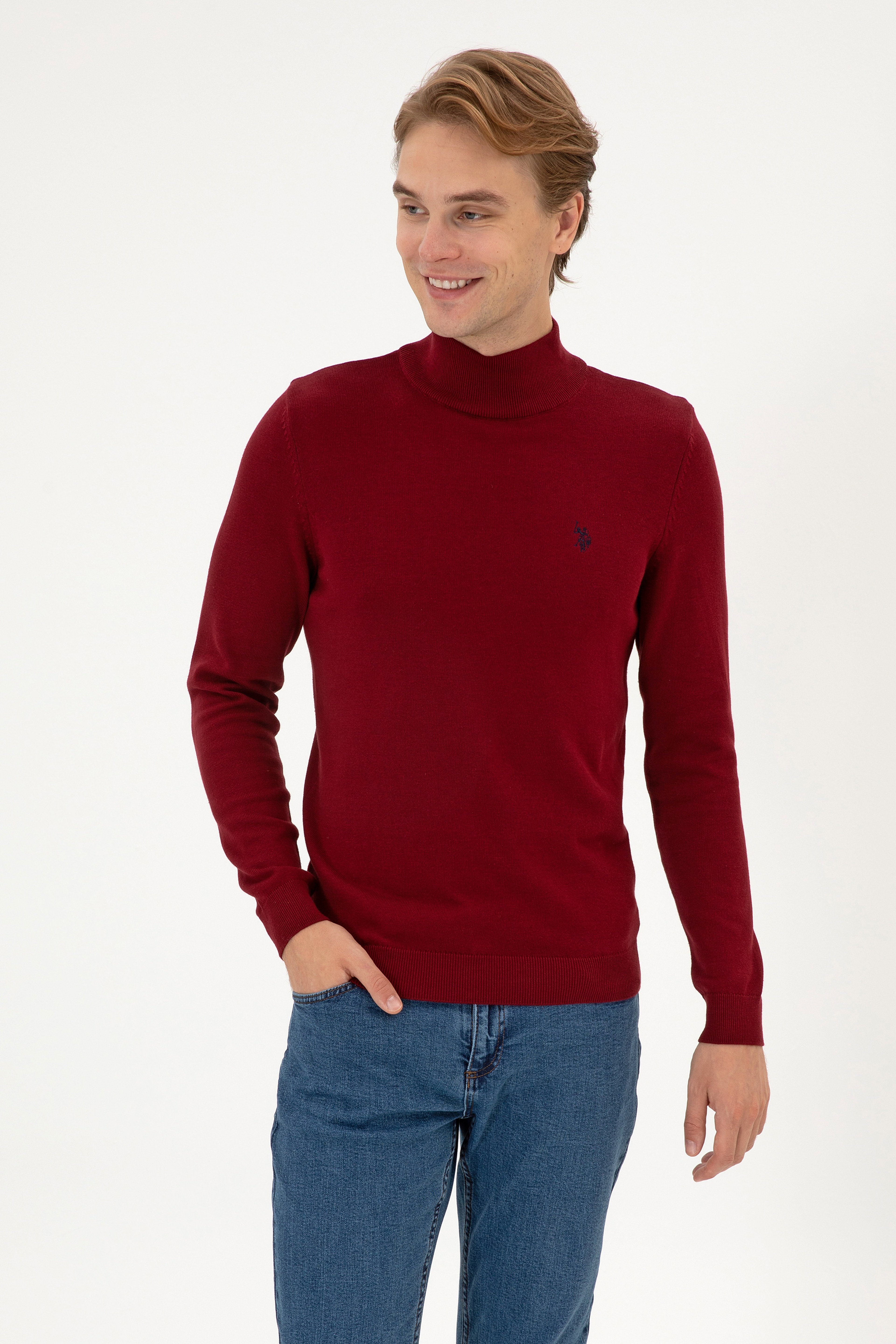 Erkek Slim Fit Boğazlı Bordo Basic Kazak
