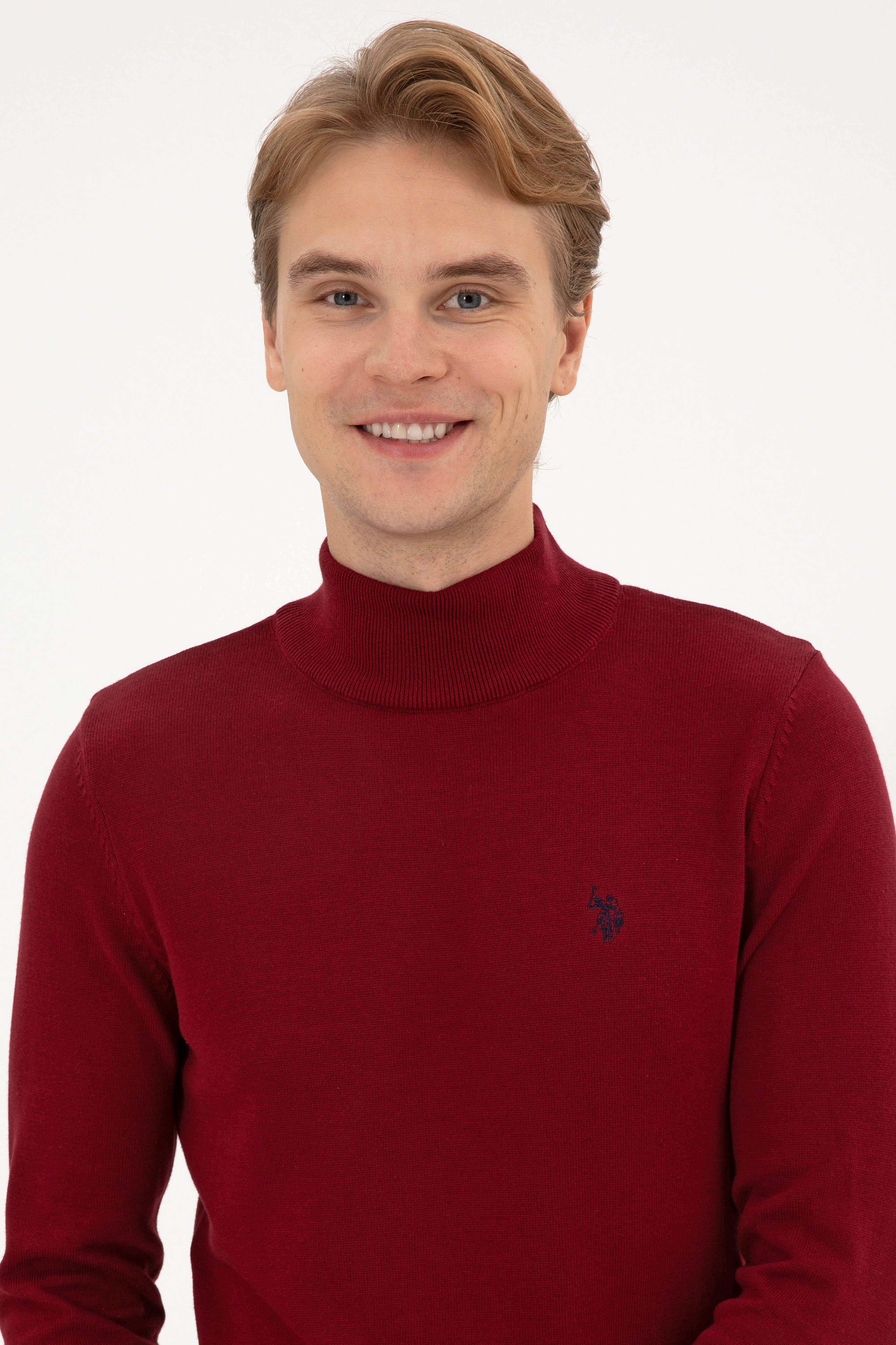 Erkek Slim Fit Boğazlı Bordo Basic Kazak - Image 2