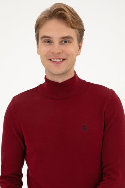 Erkek Slim Fit Boğazlı Bordo Basic Kazak