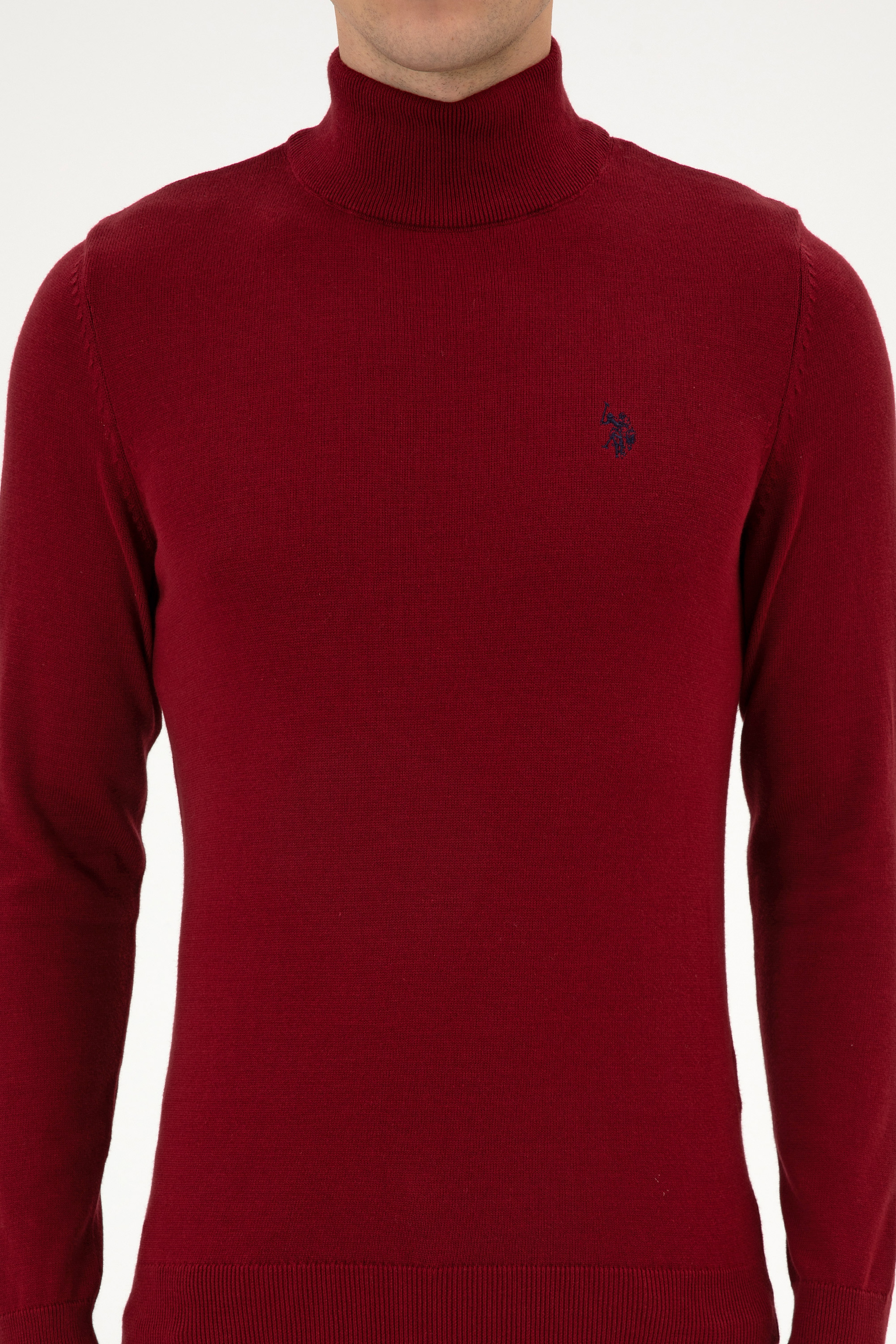 Erkek Slim Fit Boğazlı Bordo Basic Kazak