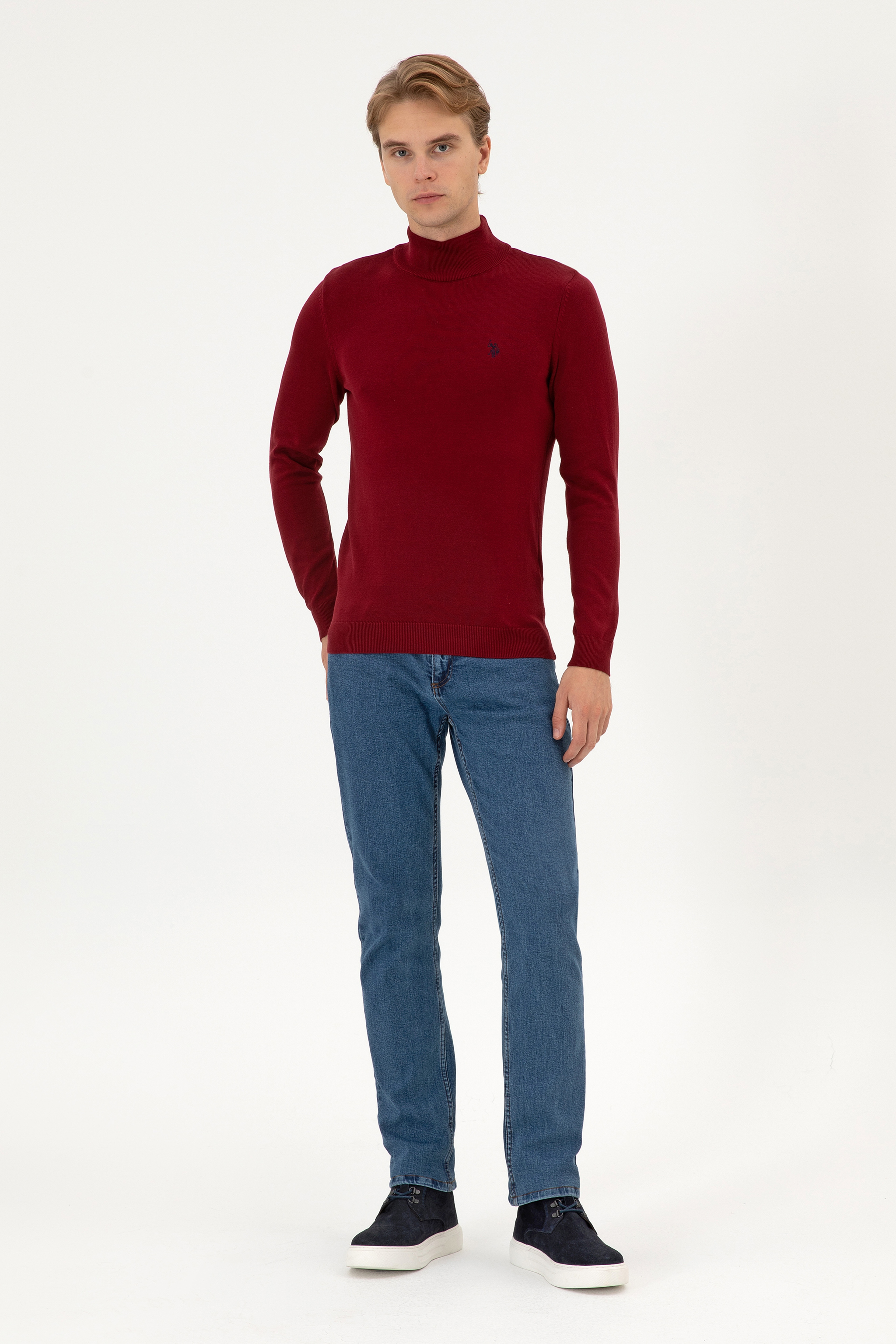 Erkek Slim Fit Boğazlı Bordo Basic Kazak - Image 4