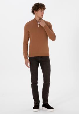 Erkek Slim Fit Yarım Fermuarlı Camel Basic Kazak - 50313695074