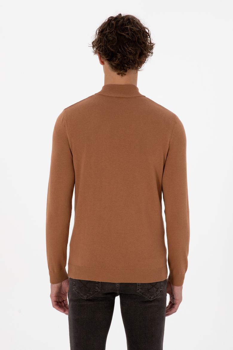 Erkek Slim Fit Yarım Fermuarlı Camel Basic Kazak - 50313695074