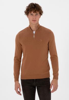 Erkek Slim Fit Yarım Fermuarlı Camel Basic Kazak - 50313695074