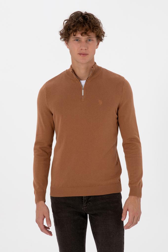 Erkek Slim Fit Yarım Fermuarlı Camel Basic Kazak