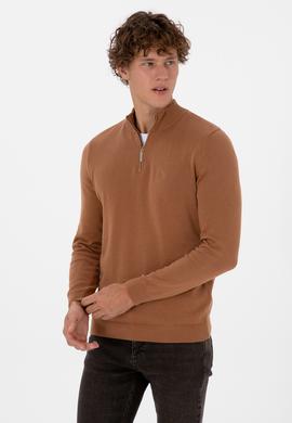 Erkek Slim Fit Yarım Fermuarlı Camel Basic Kazak - 50313695074