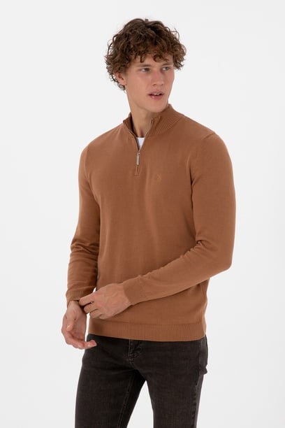 Erkek Slim Fit Yarım Fermuarlı Camel Basic Kazak