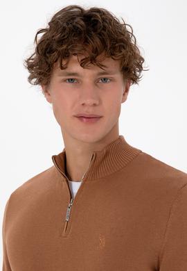 Erkek Slim Fit Yarım Fermuarlı Camel Basic Kazak - 50313695074