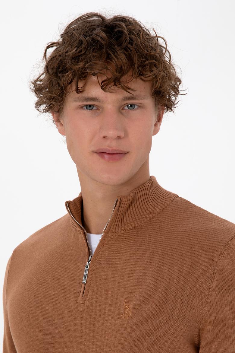 Erkek Slim Fit Yarım Fermuarlı Camel Basic Kazak - 50313695074