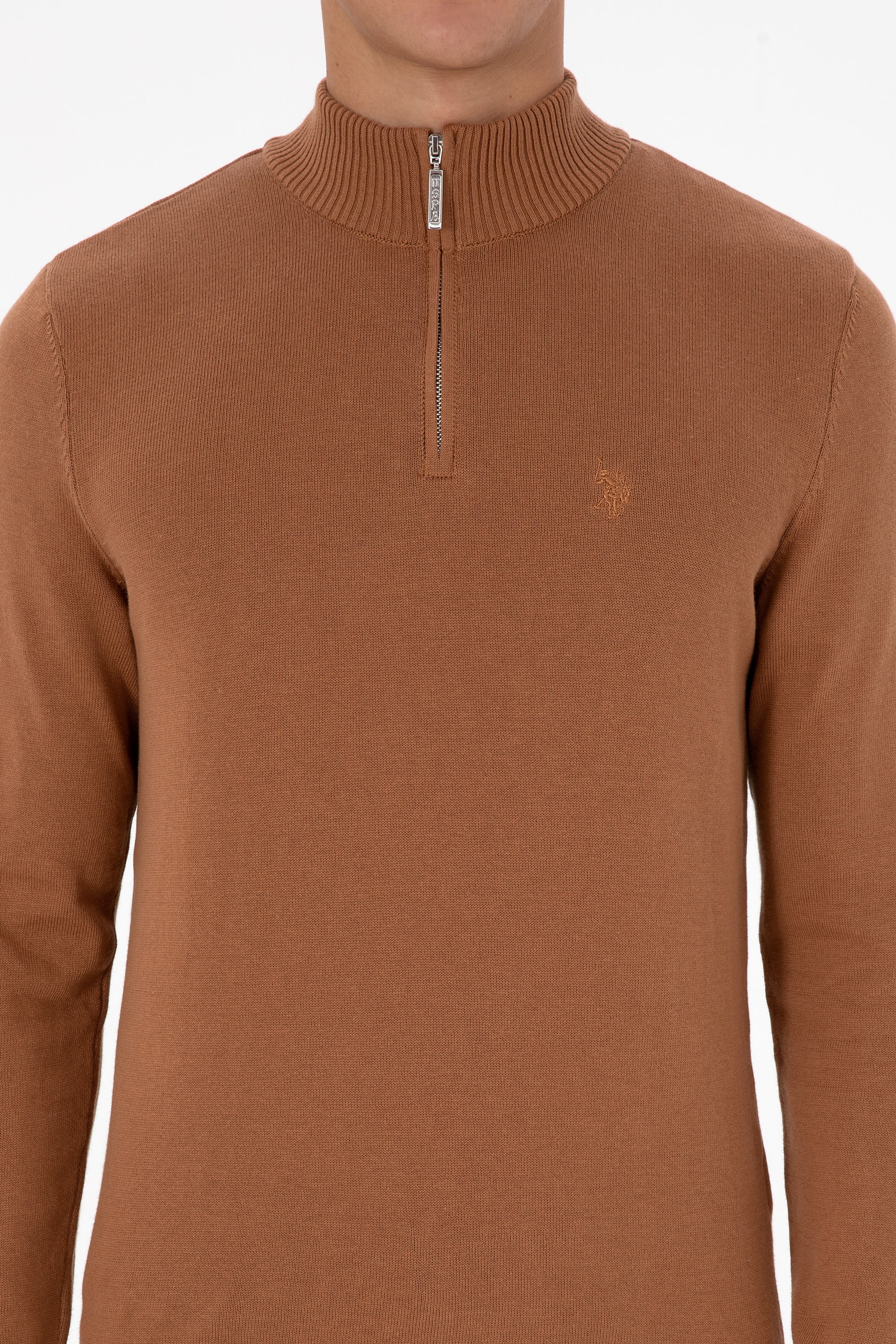 Erkek Slim Fit Yarım Fermuarlı Camel Basic Kazak