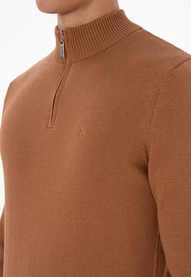 Erkek Slim Fit Yarım Fermuarlı Camel Basic Kazak - 50313695074