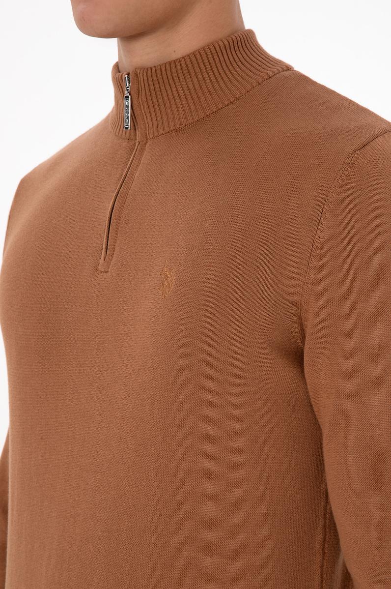 Erkek Slim Fit Yarım Fermuarlı Camel Basic Kazak