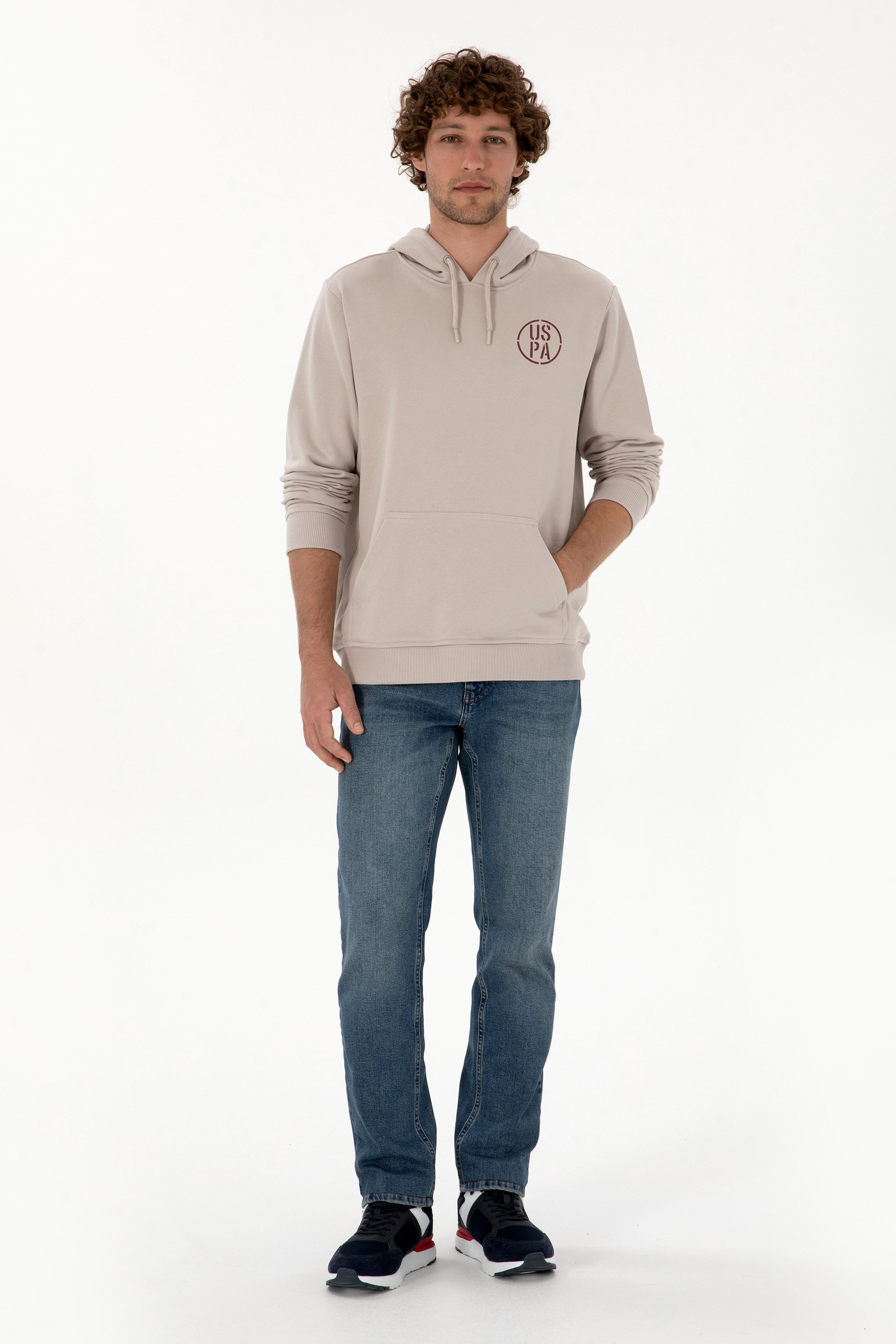 Erkek Regular Fit Kapüşonlu Taş Sweatshirt
