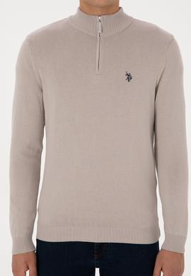 Erkek Slim Fit Yarım Fermuarlı Taş Basic Kazak - 50313695047