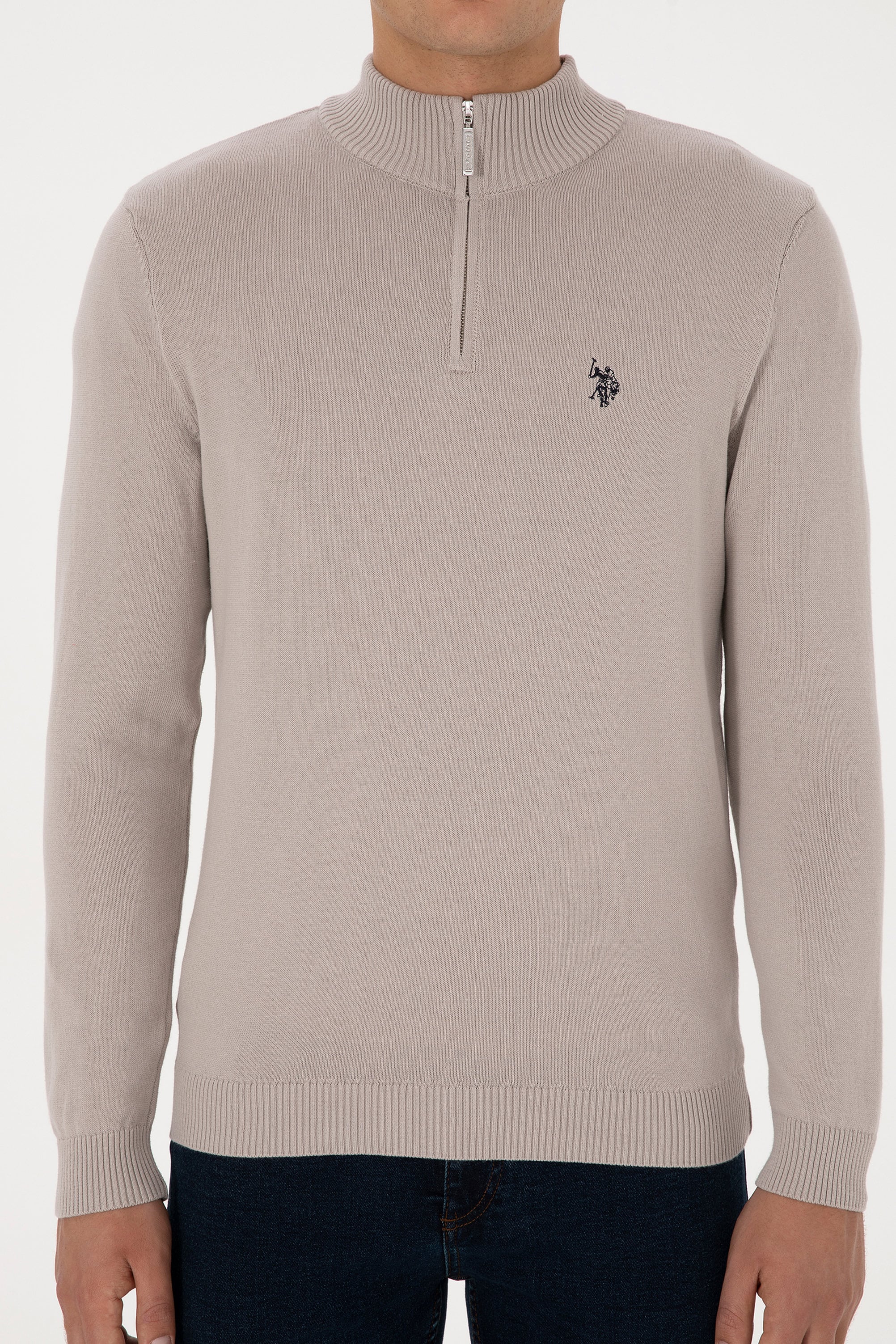 Erkek Slim Fit Yarım Fermuarlı Taş Basic Kazak