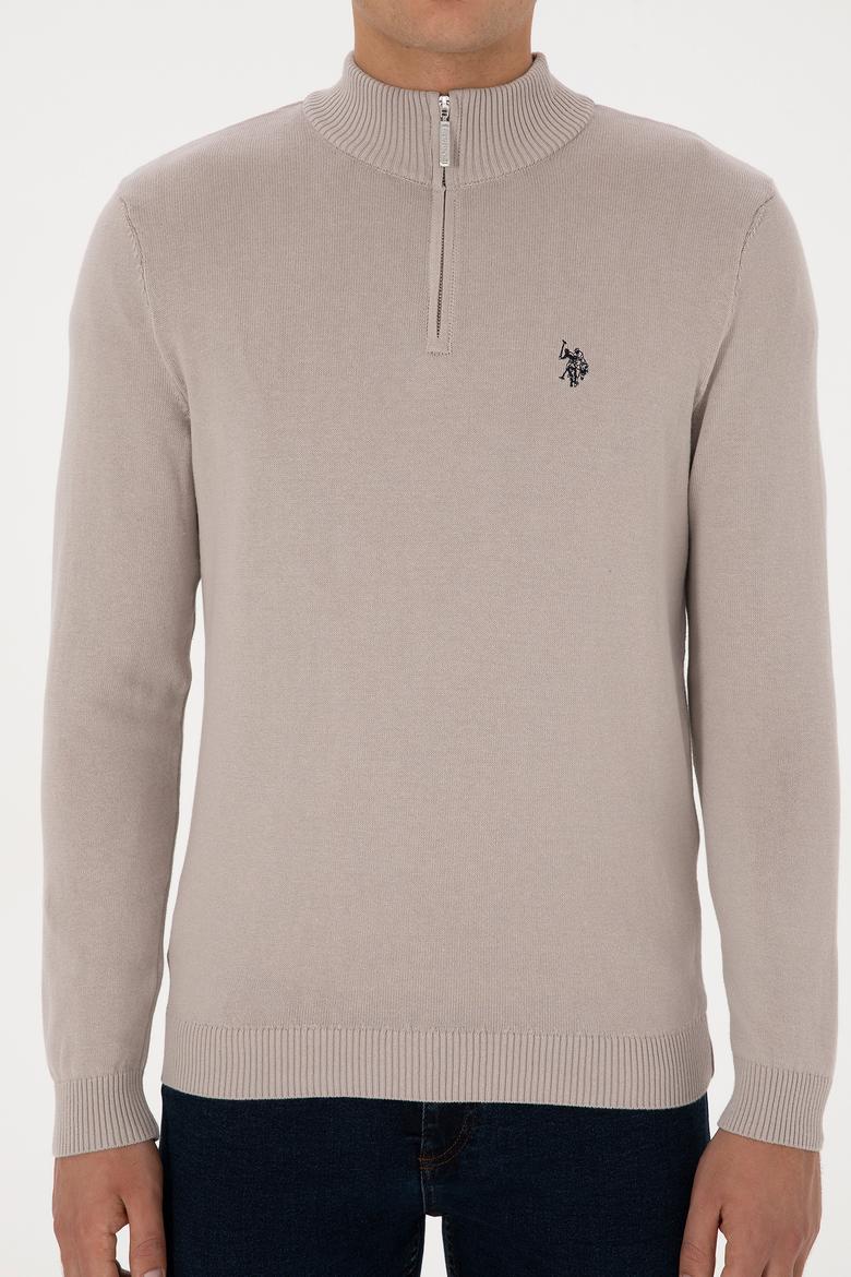 Erkek Slim Fit Yarım Fermuarlı Taş Basic Kazak - 50313695047