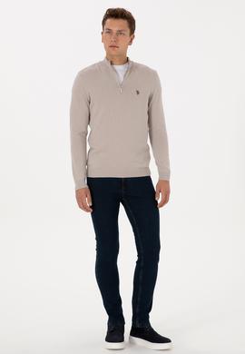Erkek Slim Fit Yarım Fermuarlı Taş Basic Kazak - 50313695047