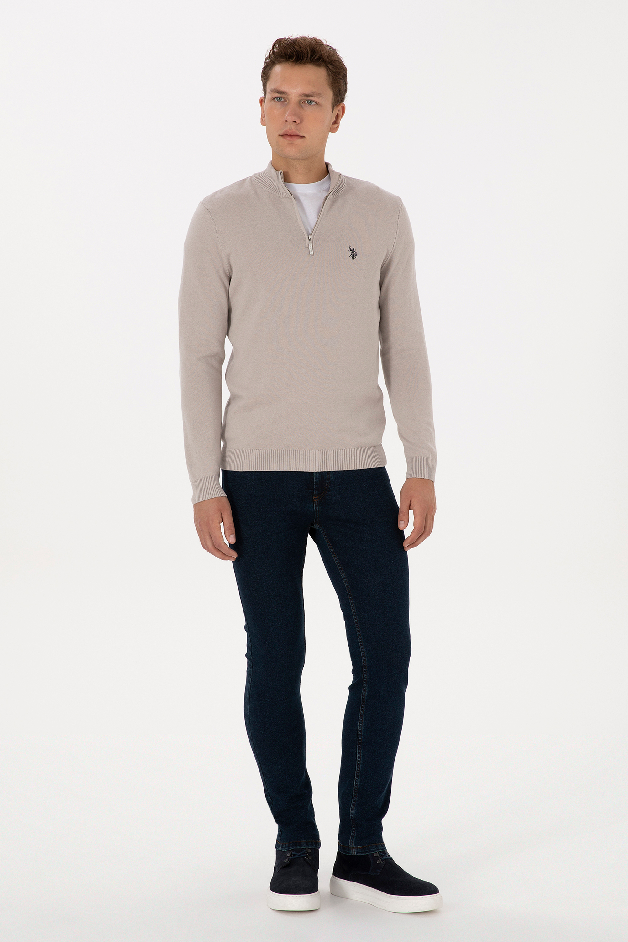 Erkek Slim Fit Yarım Fermuarlı Taş Basic Kazak - Image 4