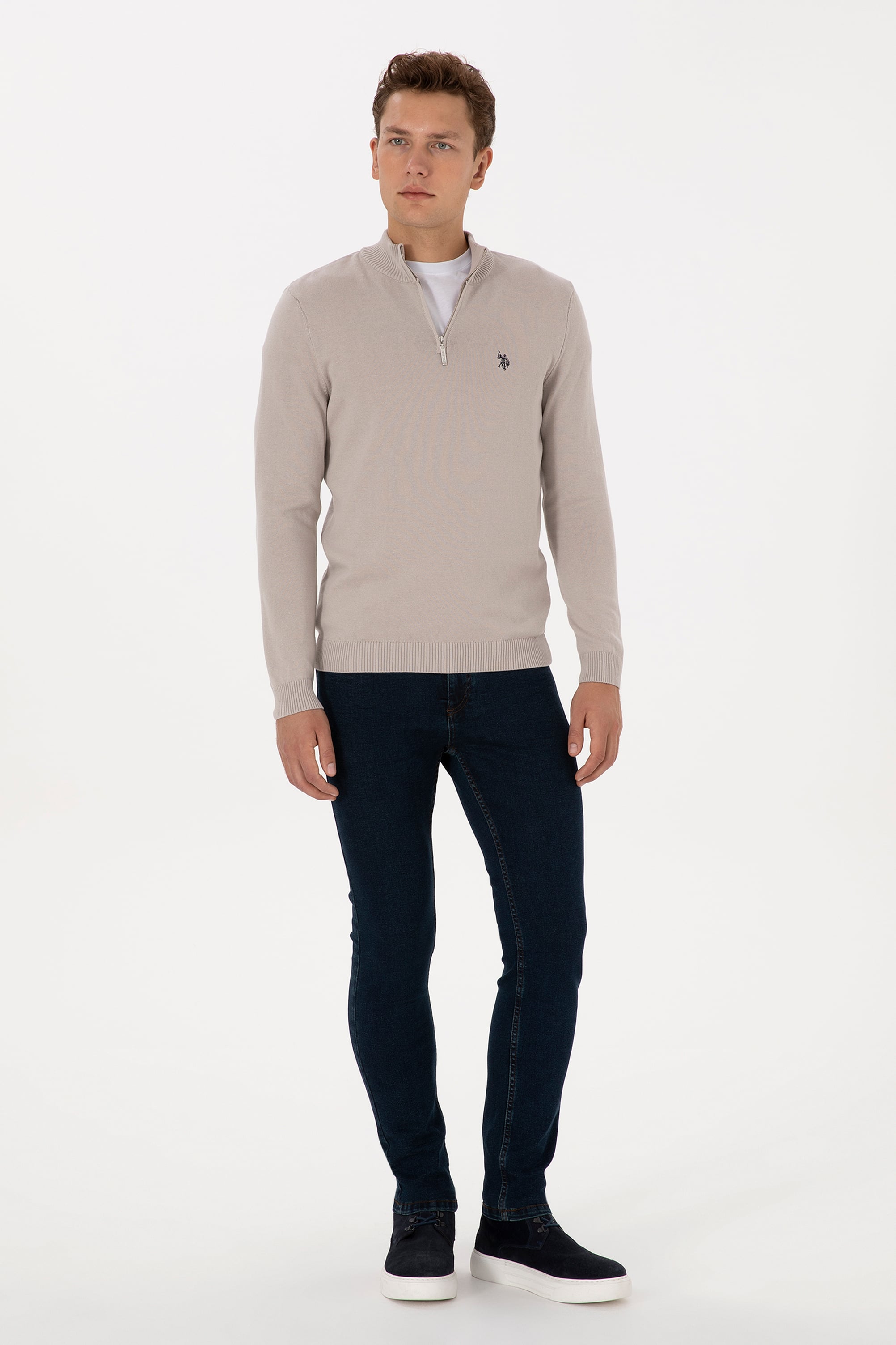 Erkek Slim Fit Yarım Fermuarlı Taş Basic Kazak