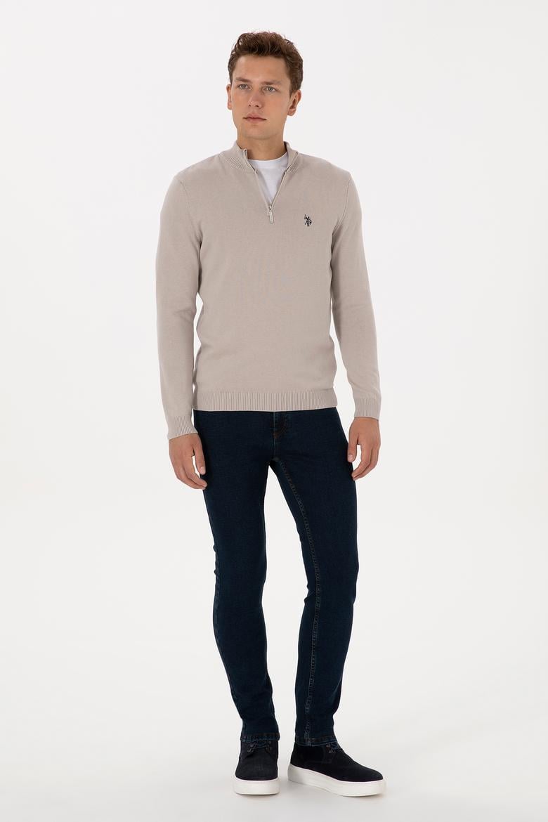 Erkek Slim Fit Yarım Fermuarlı Taş Basic Kazak - 50313695047