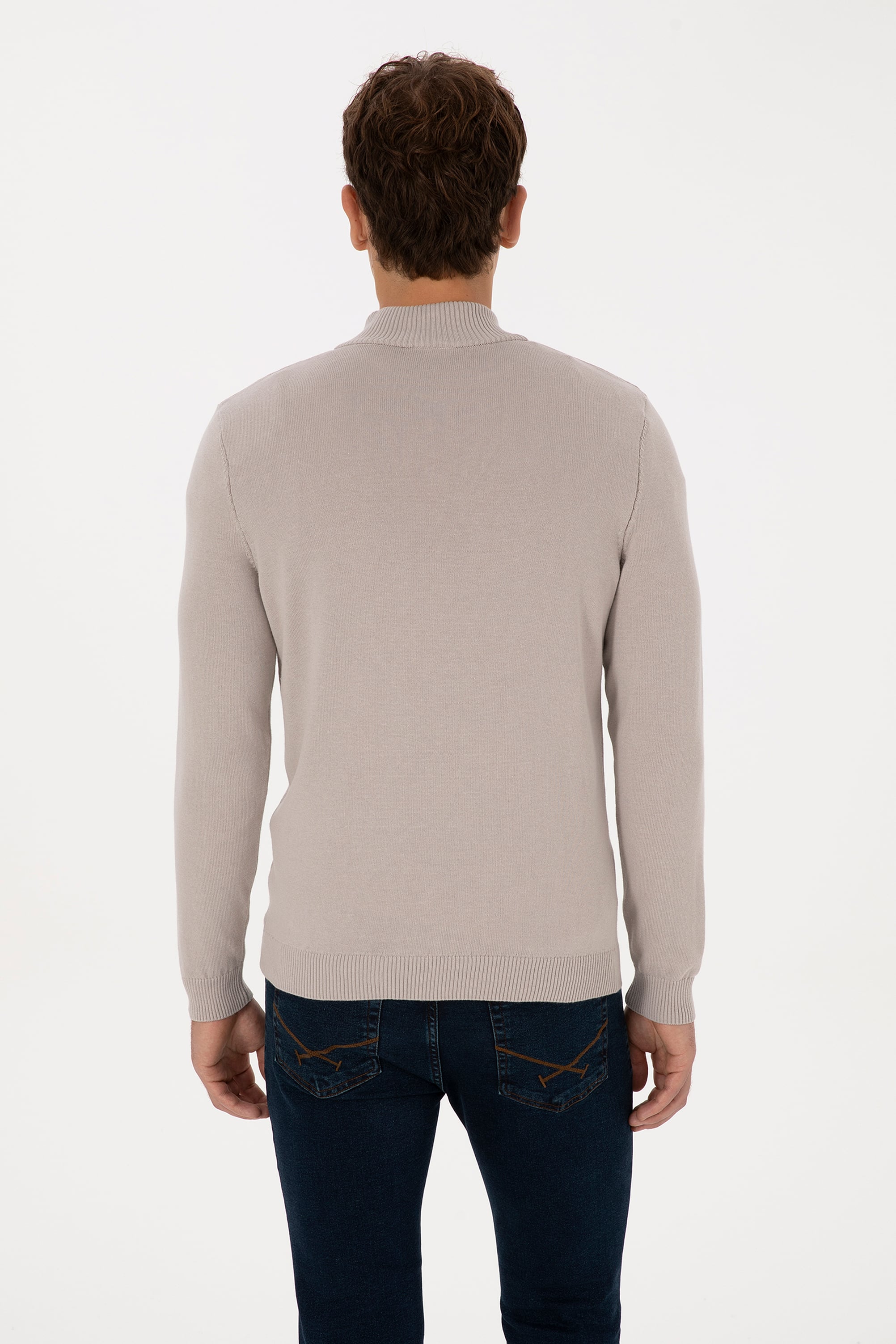 Erkek Slim Fit Yarım Fermuarlı Taş Basic Kazak - Image 5