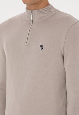 Erkek Slim Fit Yarım Fermuarlı Taş Basic Kazak - 50313695047