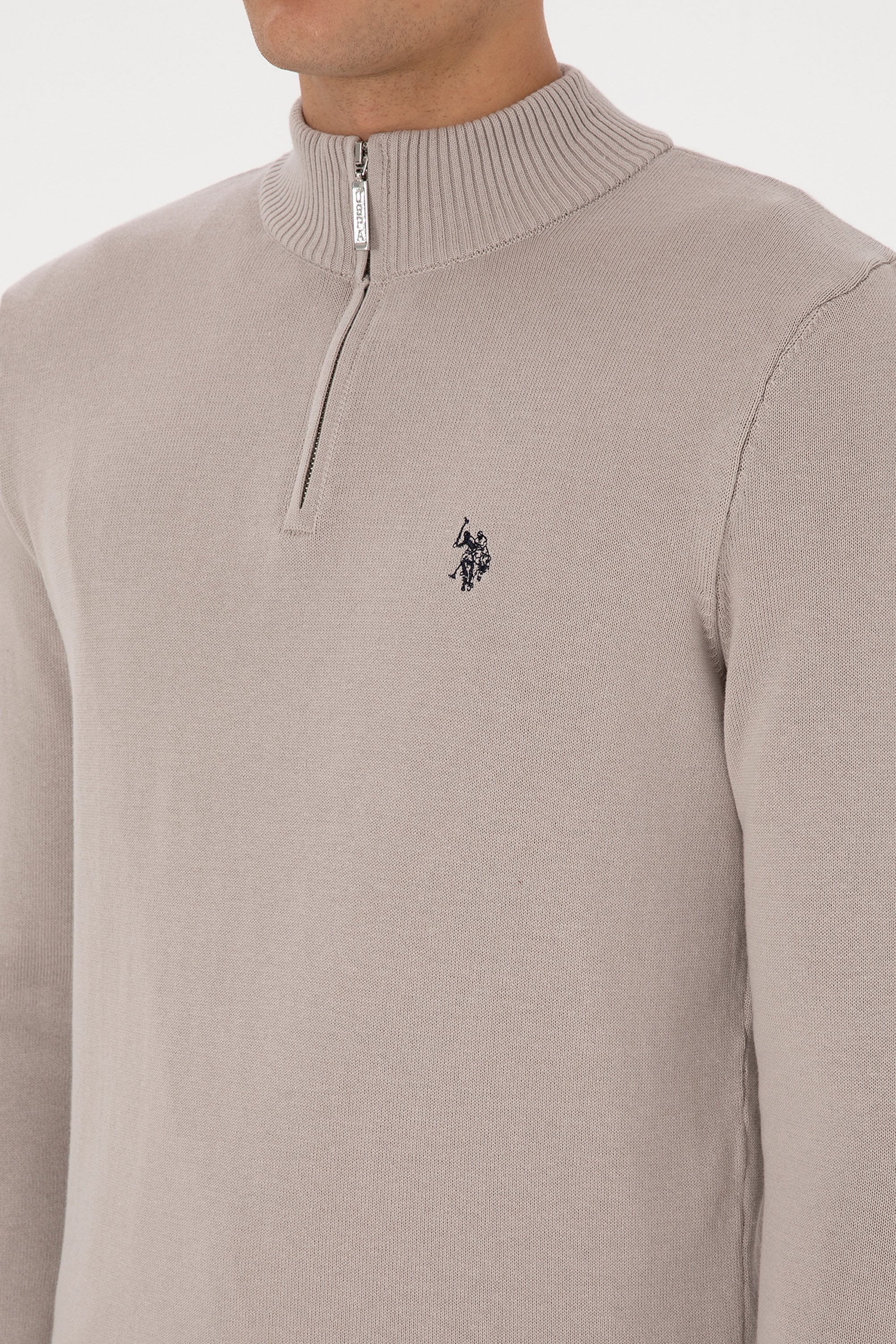 Erkek Slim Fit Yarım Fermuarlı Taş Basic Kazak