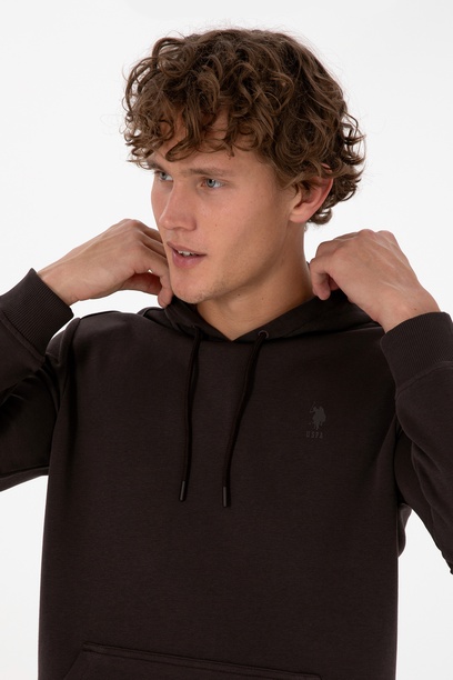 Erkek Regular Fit Kapüşonlu Koyu Kahverengi Basic Sweatshirt