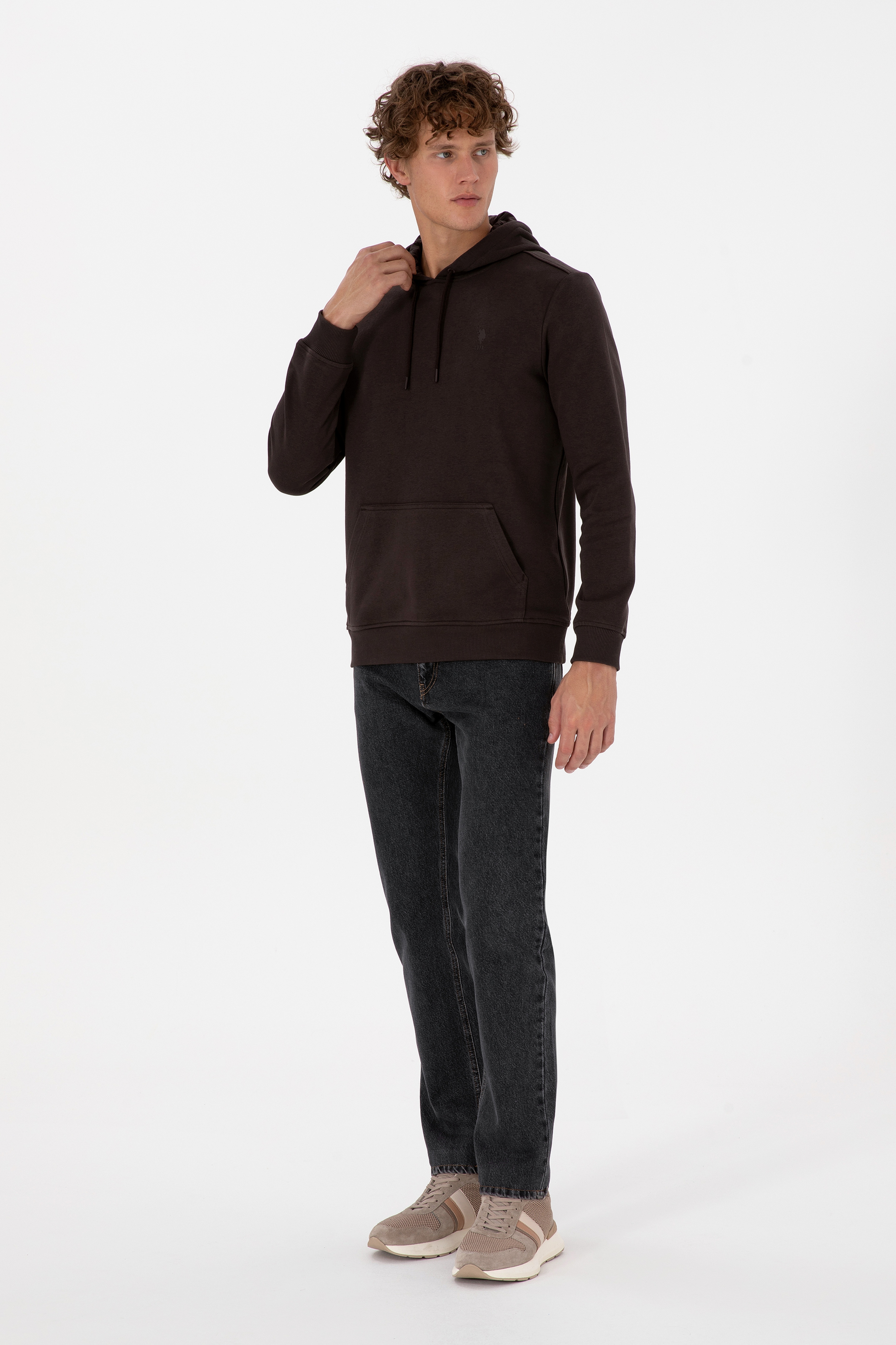 Erkek Regular Fit Kapüşonlu Koyu Kahverengi Basic Sweatshirt - Image 4
