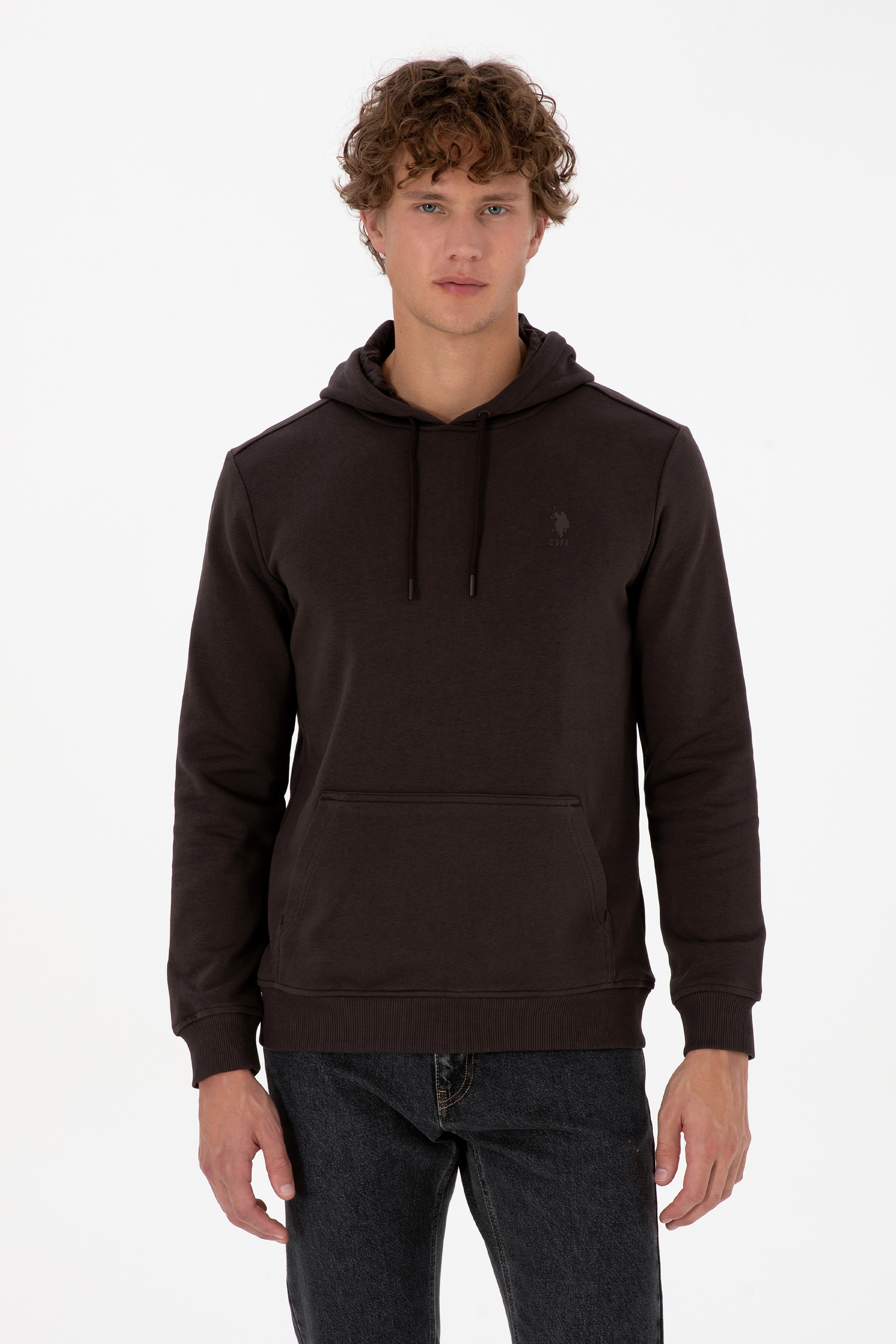 Erkek Regular Fit Kapüşonlu Koyu Kahverengi Basic Sweatshirt