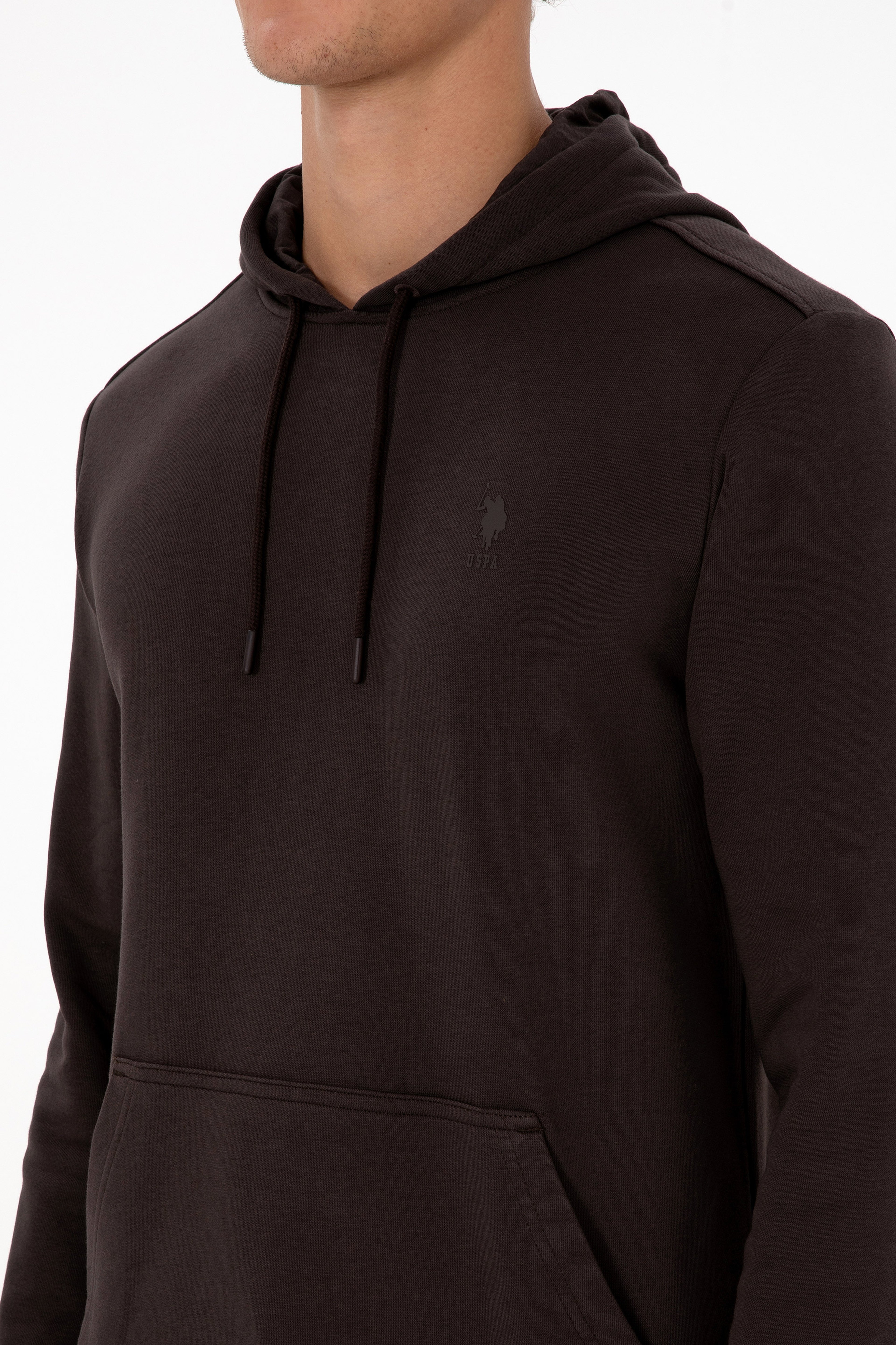 Erkek Regular Fit Kapüşonlu Koyu Kahverengi Basic Sweatshirt